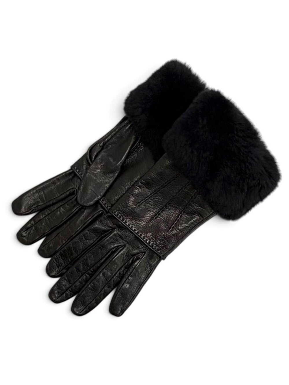 Hermes Fur Trim 2-Way Lambskin Gloves Black 6.5